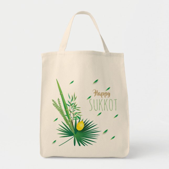Happy Sukkot Lulav and Etrog Watercolor Pattern Tote Bag (Front)