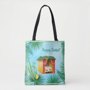 Happy Sukkot Lulav and Etrog Watercolor Pattern Tote Bag