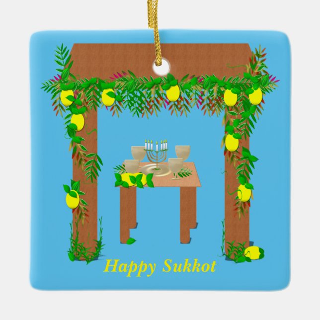 Happy Sukkot ,Personalized Ceramic Ornament (Front)