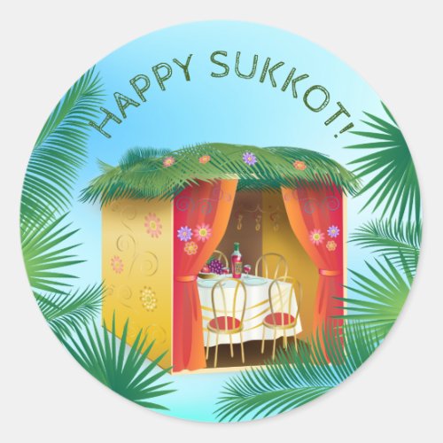 Happy Sukkot Sukkah Lulav and Etrog Watercolor Classic Round Sticker