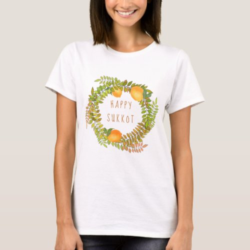 Happy Sukkoth lemons willow and leaf wreath T_Shirt
