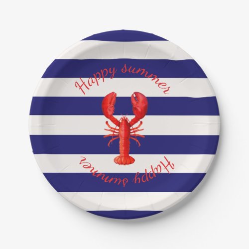 Happy summer blue white stripes red lobster paper plates