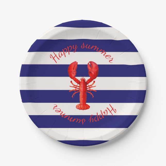 Happy summer blue white stripes red lobster paper plates (Front)