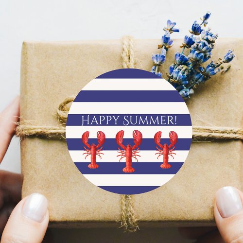 Happy Summer blue white stripes red lobsters Classic Round Sticker