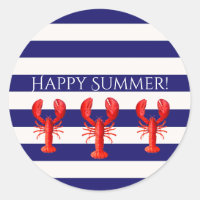Happy Summer blue white stripes with lobsters Classic Round Sticker