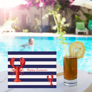 Happy summer blue white stripes with red lobsters postcard