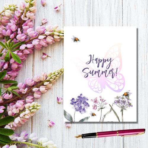 Happy Summer butterfly violet wildflowers pink Postcard