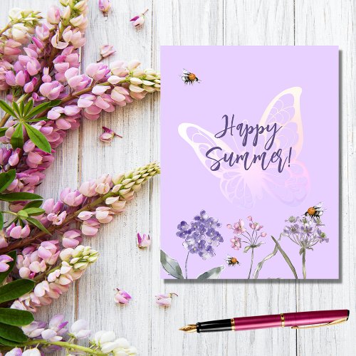 Happy Summer butterfly violet wildflowers pink Postcard