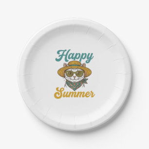 Happy Summer Cat Vintage Engraving Shirt Design_1 Paper Plates