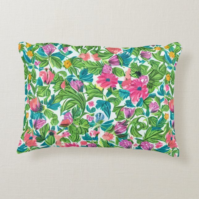 Happy summer garden greenery and pink floral accent pillow (Back)