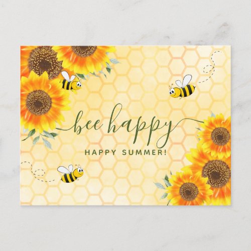 Happy summer greetings sunflowers floral bees postcard
