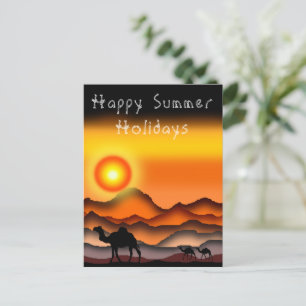 Happy Summer Holidays Card Camels At Sunset Desert