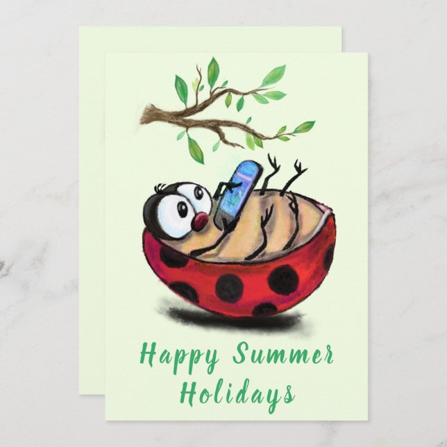 Happy Summer Holidays Card Ladybug with Phone (Front/Back)