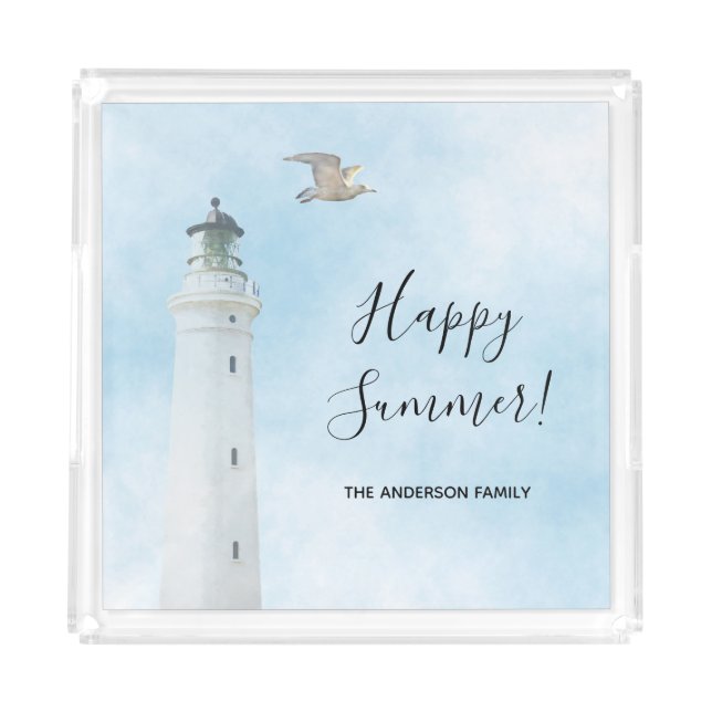 Happy Summer lighthouse nautical ocean sea Acrylic Tray (Front)