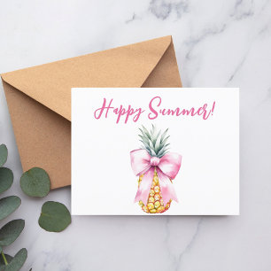 Happy Summer pink bow pineapple tropical Invitation Postcard