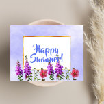 Happy Summer pink flowers on white gold and blue Postcard<br><div class="desc">A postcard decorated with a blue sky as backdrop,  and summer flowers like purple foxgloves. A chic faux gold frame.   Blue hand lettered style script and the text: Happy Summer!</div>
