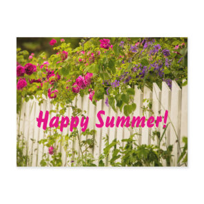 Happy Summer pink roses florals white garden fence Postcard