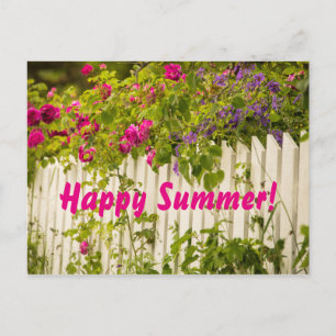 Happy Summer pink roses florals white garden fence Postcard