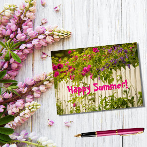 Happy Summer Pink roses on a white garden fence Postcard