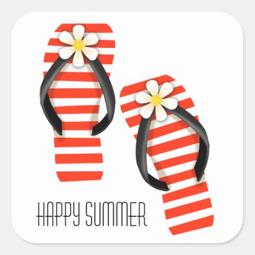 Happy Summer red and white striped flip_flops Square Sticker