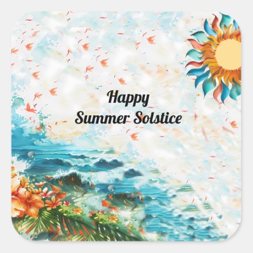 Happy Summer Solstice Sun Flowers Sea Square Sticker