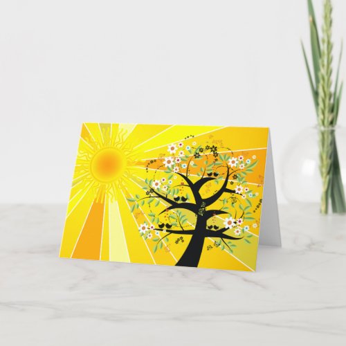 Happy Summer Solstice Sun Tree Birds Flowers Card