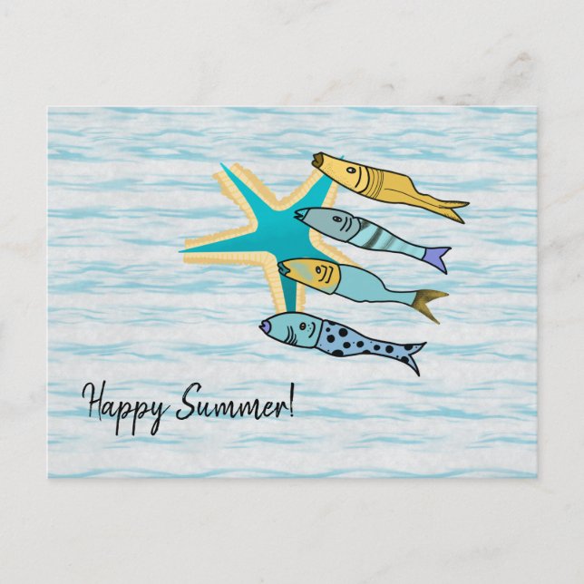 Happy Summer Starfish and Fishes Postcard (Front)