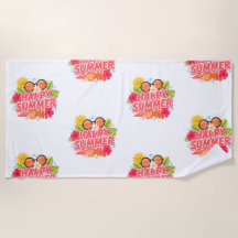 Happy Summer Sun & Seashells Colorful Beach Towel