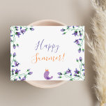 Happy Summer violet florals bluebells white Invitation Postcard<br><div class="desc">A simple and elegant postcard for a summer greeting. An elegant white background decorated with violet,  purple bluebell flowers and a little bird singing.  The text: Happy Summer! is written with a modern hand lettered style script.  Text in violet and golden colors. 
Back: white background.</div>
