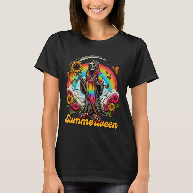 Happy Summerween Grim Reaper Rainbow Summer Hallow T-Shirt (Front)