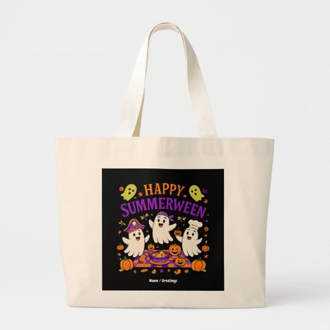 Happy Summerween Halloween Spooky Summer Ghost  Large Tote Bag (Front)