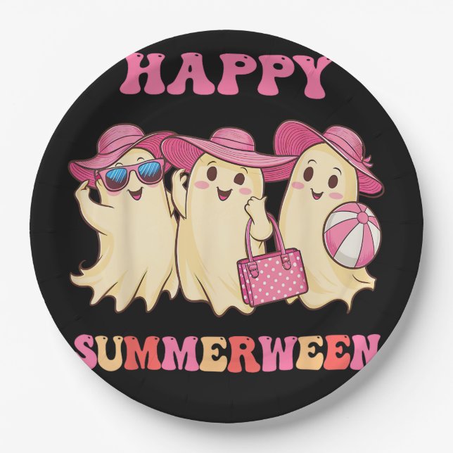 Happy Summerween Summer Halloween Costumes Ghost L Paper Plates (Front)