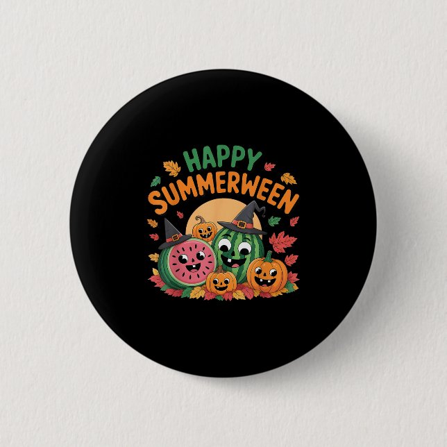 Happy Summerween Watermelon Jack-o-lantern Humor S Button (Front)