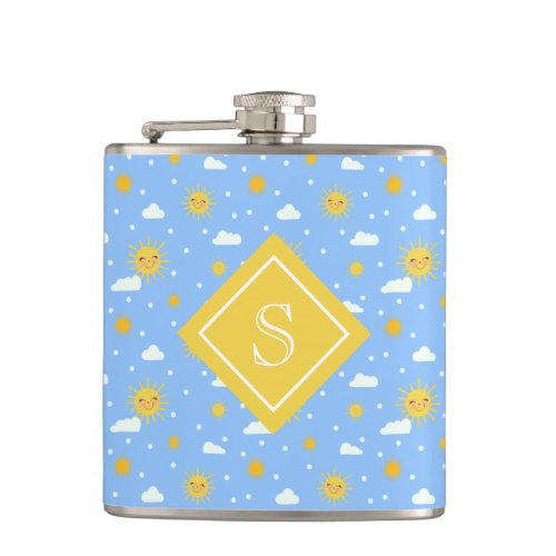 Happy Sun And Cloud Pattern Personalized Monogram Flask