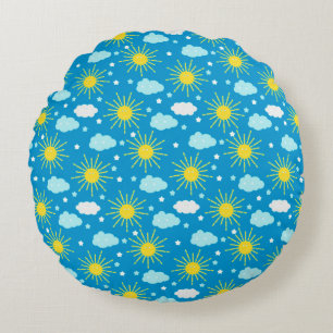 Happy Sun, Clouds, and Stars Round Pillow