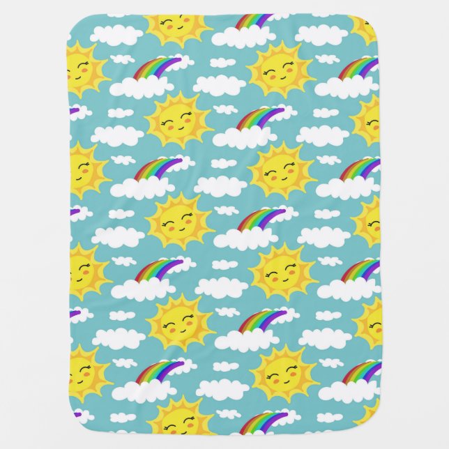 ✨ Happy Sun Rainbow Clouds Sky Nursery Art 💛🌤️ Baby Blanket (Front)