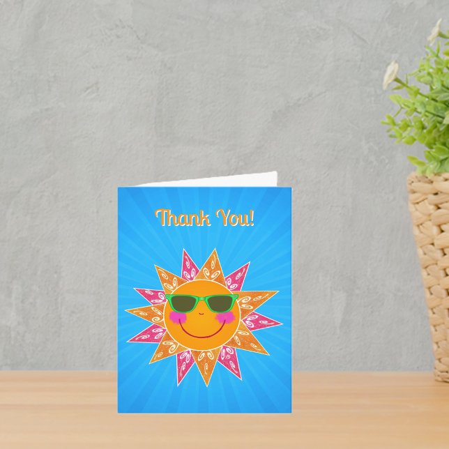 Happy Sun Rosy Cheeks Pink Orange rays Blue Thank You Card (Happy rosy cheeks sun in sunglasses abstract pink and orange rays on vibrant blue Thank You card.)