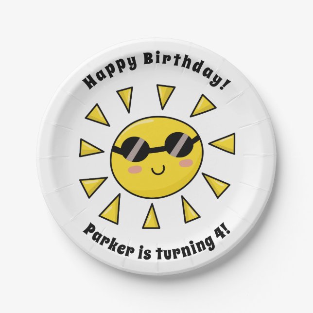 Happy Sun with Sunglasses Custom Birthday Party Paper Plates (Front)