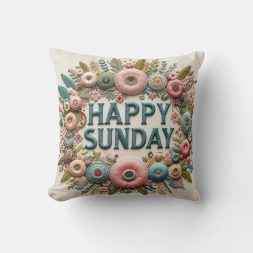 HAPPY SUNDAY A charming tapestry of Floral Wreath Throw Pillow