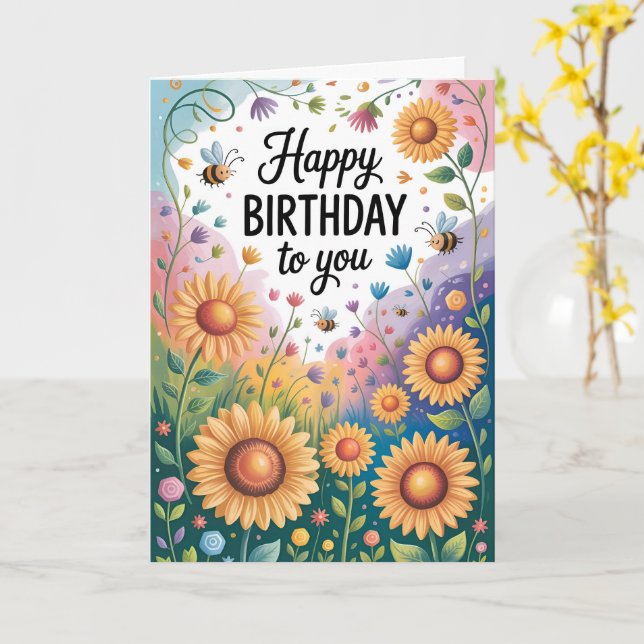 Happy Sunflower and Bee Birthday Card (Yellow Flower)