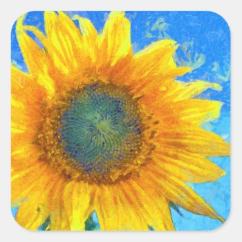Happy Sunflower Square Sticker by EveyArtStore at Zazzle