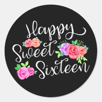 Happy Sweet 16 Birthday Girl Edgy Roses & Black Classic Round Sticker