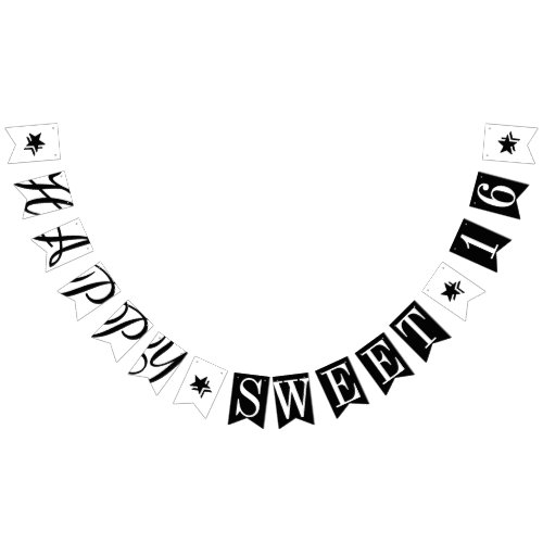HAPPY SWEET 16 Black And White Birthday Decor Bunting Flags