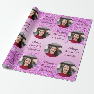 Happy Sweet 16 Falling Pink Glitter & Photo Wrapping Paper