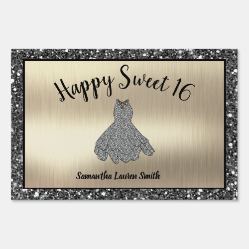 Happy Sweet 16 Glitter Black Gold Sign