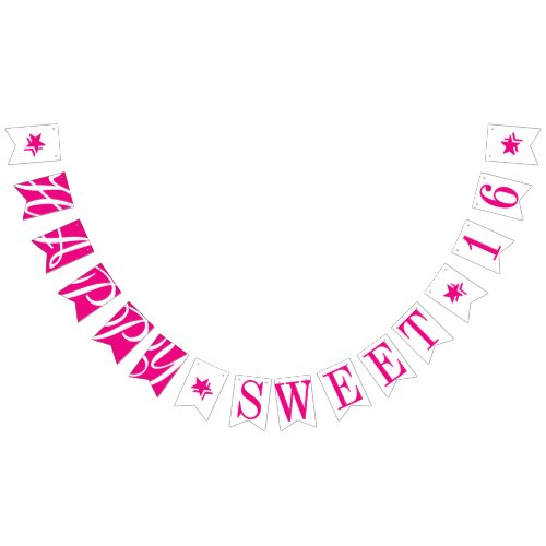 HAPPY SWEET 16 Hot Pink Birthday Decor Bunting Flags