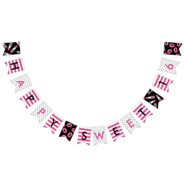 Happy Sweet 16 Pink & Black Makeup & Stripes Bunting Flags (All)