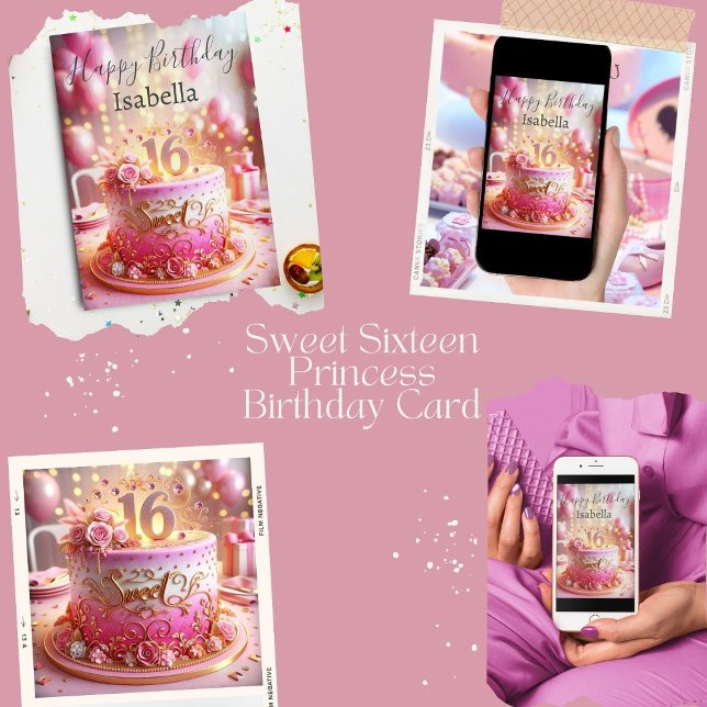 Happy Sweet 16 Pink Rose Gold Cake Birthday Card (A great fun Sweet 16 birthday card that comes as printable and instant.)