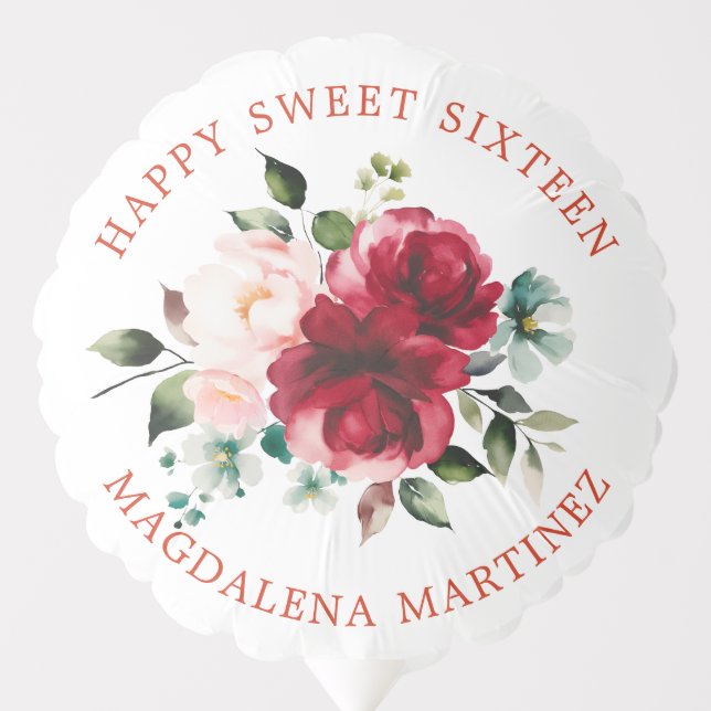 Happy Sweet 16 Red Pink Floral Custom Balloon (Front)