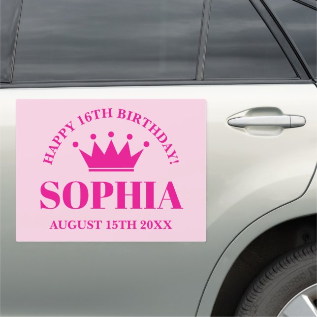 Happy Sweet 16th Birthday pink princess crown big Car Magnet (In Situ)
